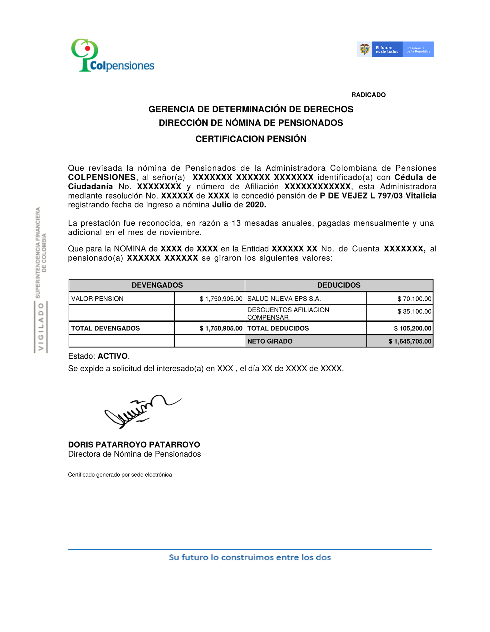 Modelo del certificado de pensión de Colpensiones: encabezado con el logo de Colpensiones, certificación de la nómina de pensionados con datos del pensionado, valor de la mesada, deducciones y firma de la Dirección de Nómina de Pensionados.